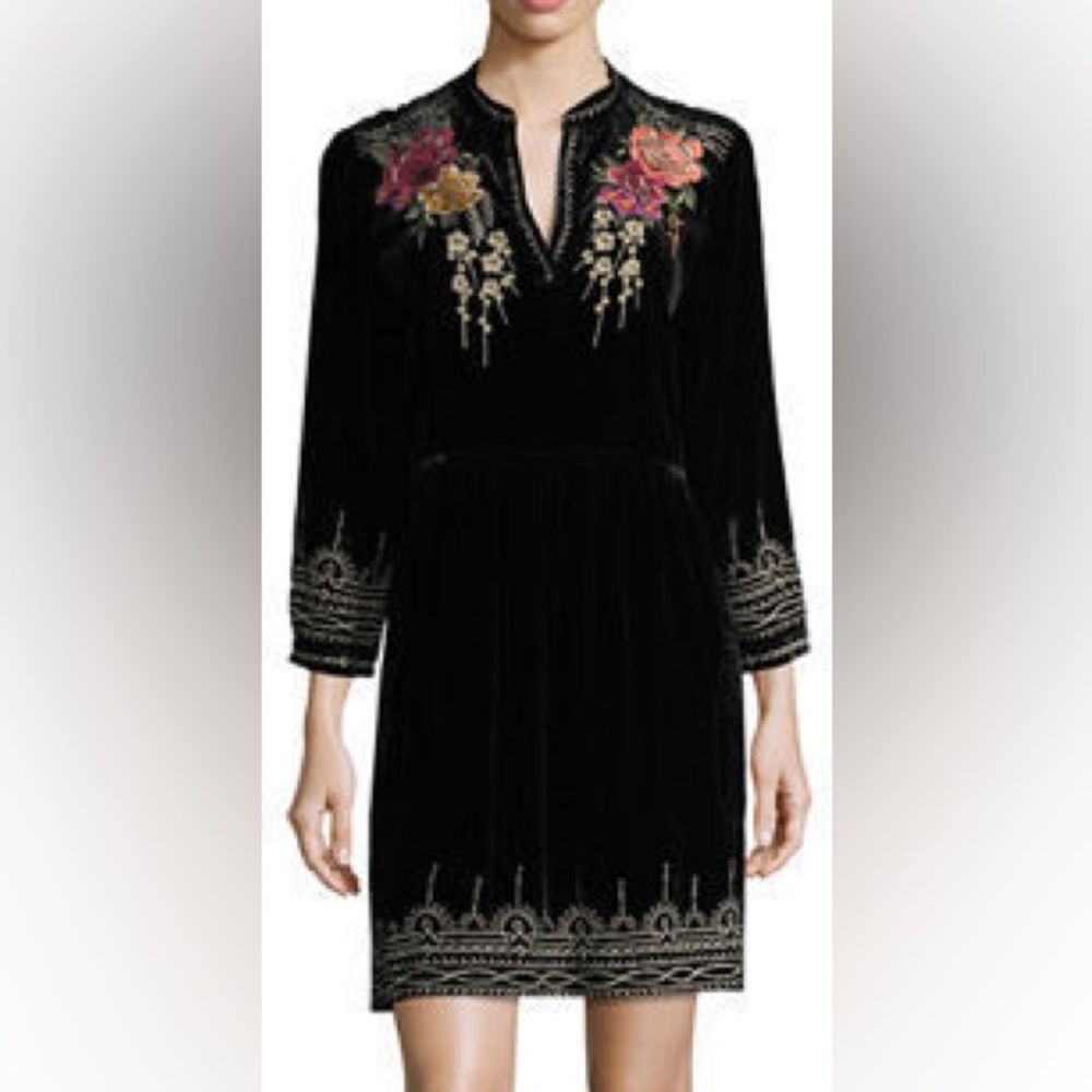 NWT Johnny Was Flores 3/4 Sleeve Boho Velvet W Floral Embroidery $315 Dress